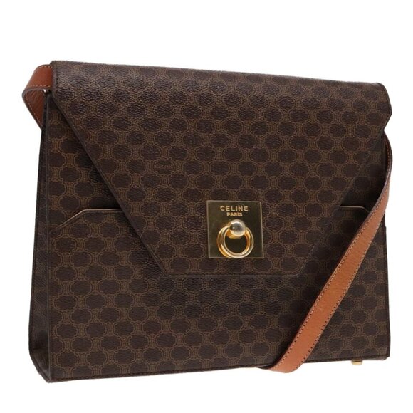 CELINE Macadam Canvas Shoulder Bag PVC Leather Brown Gold Auth - Picture 1 of 16